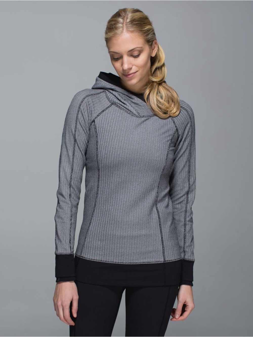 Lululemon Think Fast Hoodie Herringbone Black Grey Rulu Pullover Size 10